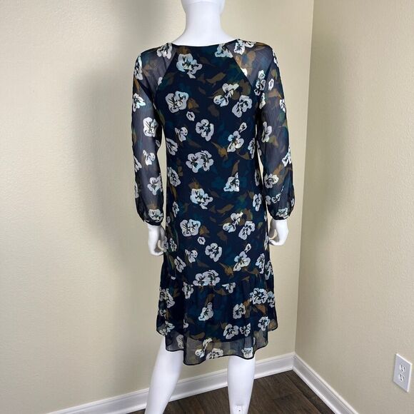 Cabi Women's Size S Blue Floral Sheer Pirouetee Drop Waist Teired Midi Dress - Picture 8 of 16